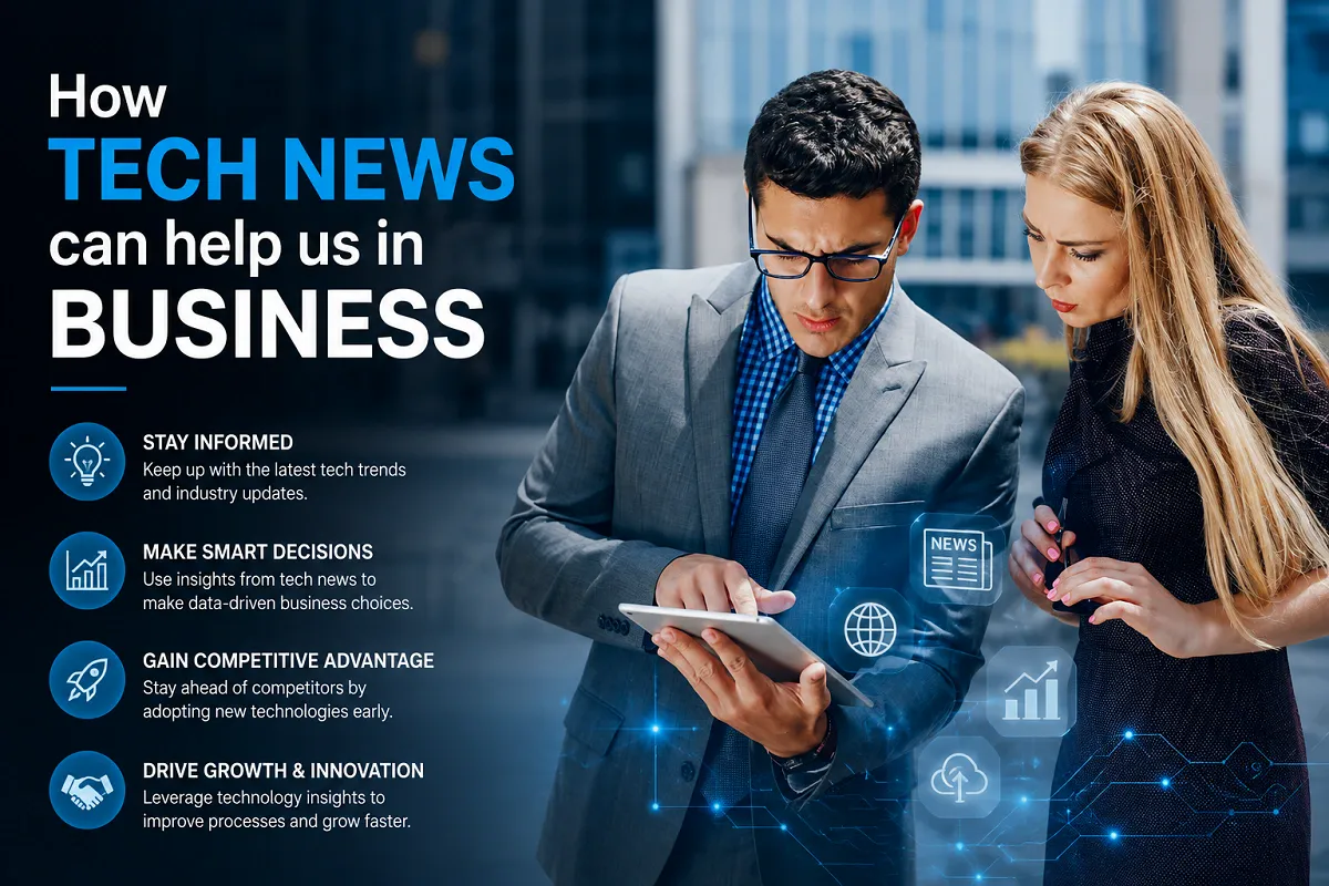 Professionals analyzing business data on a tablet with digital tech news graphics illustrating how technology news supports smarter business decisions and growth.