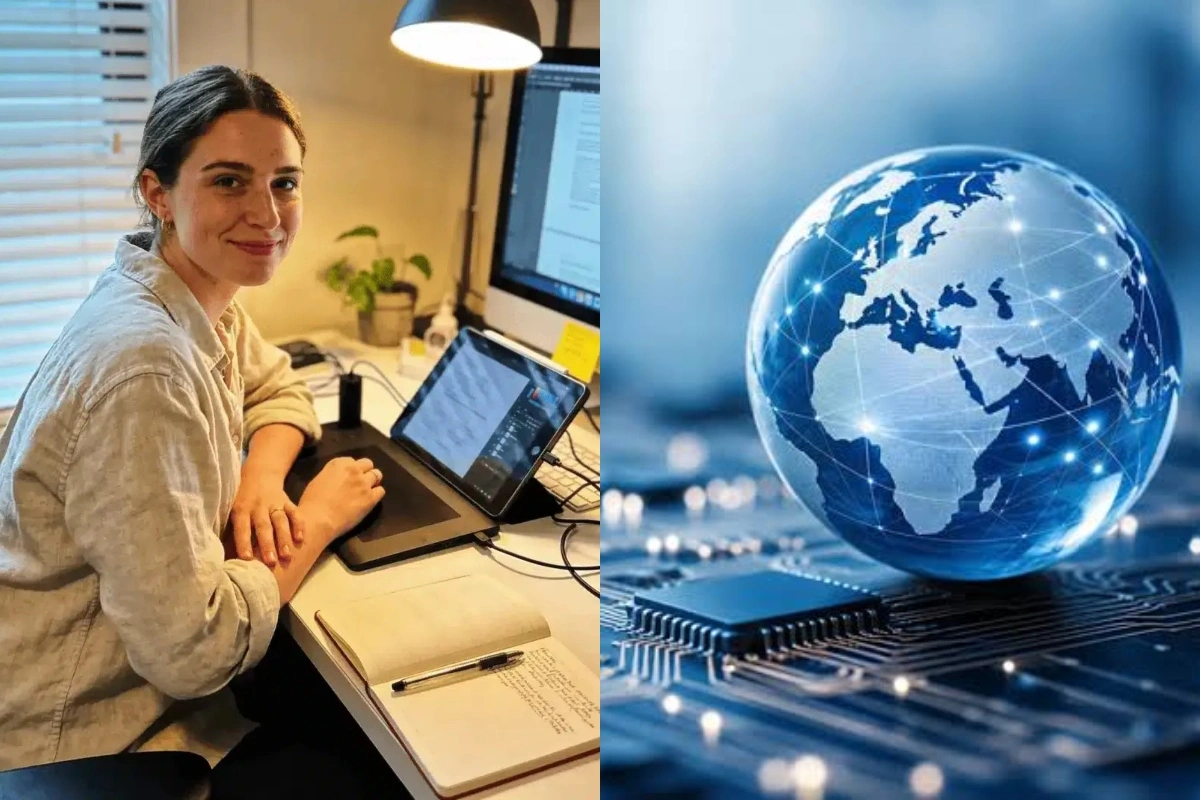 betterthisworld betterthistechs news – Professional working at a computer beside a digital globe, representing global technology news and innovation.