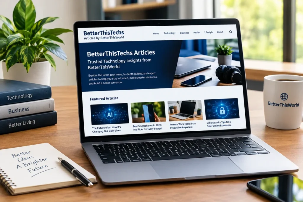 BetterThisTechs Articles by BetterThisWorld displayed on a modern laptop with technology and digital workspace elements.
